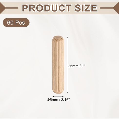 MECCANIXITY Wooden Dowel Pins 3/16"x 1" (5mm x 25mm) Straight Dowel Rods Wood Fluted Dowels Rods for Crafts Furniture DIY Hardwood Count 60 in Kuwait