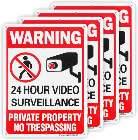 4 Pack 24 Hour Video Surveillance Sign, Private Property No Trespassing Warning Sign, 10"x 7" .040 Rust Free Aluminum – Reflective, UV Protected and Weatherproof in Kuwait