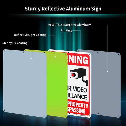 4 Pack 24 Hour Video Surveillance Sign, Private Property No Trespassing Warning Sign, 10"x 7" .040 Rust Free Aluminum – Reflective, UV Protected and Weatherproof in Kuwait