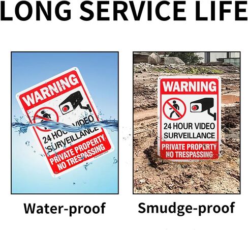 4 Pack 24 Hour Video Surveillance Sign, Private Property No Trespassing Warning Sign, 10"x 7" .040 Rust Free Aluminum – Reflective, UV Protected and Weatherproof in Kuwait