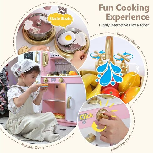 Kinder King Wooden Kids Play Kitchen, Toy Kitchen Playset for Toddler, Pretend Oven, Microwave, Telephone, Chalkboard, Interactive Doors, Knobs, Realistic Kitchen Sets for Boys Girls Age 3+, Pink in Saudi Arabia