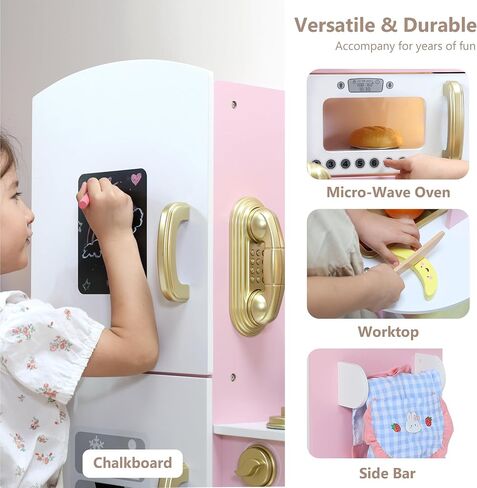 Kinder King Wooden Kids Play Kitchen, Toy Kitchen Playset for Toddler, Pretend Oven, Microwave, Telephone, Chalkboard, Interactive Doors, Knobs, Realistic Kitchen Sets for Boys Girls Age 3+, Pink in Saudi Arabia