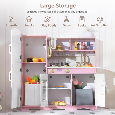 Kinder King Wooden Kids Play Kitchen, Toy Kitchen Playset for Toddler, Pretend Oven, Microwave, Telephone, Chalkboard, Interactive Doors, Knobs, Realistic Kitchen Sets for Boys Girls Age 3+, Pink in Saudi Arabia