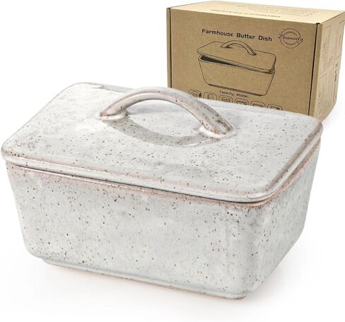 Besmeety Ceramic Butter Dish with Lid for Countertop, European 250g Butter Keeper, Vintage Farmhouse Decor (Gray) in Kuwait