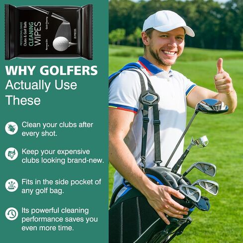 Ball & Club Cleaning Wipes (20 Pack) - Golf Accessories for Men | Powerful Cleaner Removes Dirt Wipes, Grass, Convenient, Resealable Pack - Unscented in Kuwait