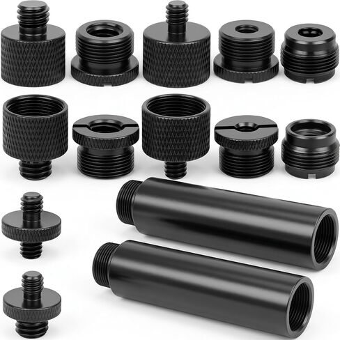 14 Pcs Mic Stand Adapter Set with 2 Extension Tubes, 1/4 to 5/8 & 3/8 to 5/8 Threaded Screw Mount for Microphone Boom Arm, Camera Tripod, Shock Mount(Black) in Kuwait