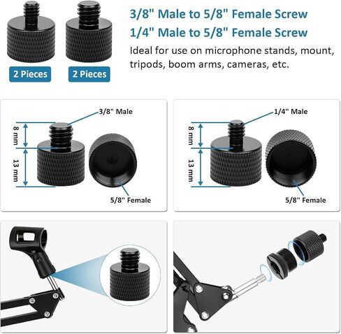14 Pcs Mic Stand Adapter Set with 2 Extension Tubes, 1/4 to 5/8 & 3/8 to 5/8 Threaded Screw Mount for Microphone Boom Arm, Camera Tripod, Shock Mount(Black) in Kuwait