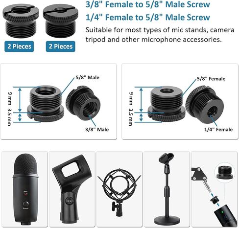14 Pcs Mic Stand Adapter Set with 2 Extension Tubes, 1/4 to 5/8 & 3/8 to 5/8 Threaded Screw Mount for Microphone Boom Arm, Camera Tripod, Shock Mount(Black) in Kuwait