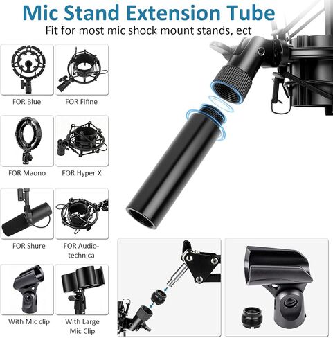 14 Pcs Mic Stand Adapter Set with 2 Extension Tubes, 1/4 to 5/8 & 3/8 to 5/8 Threaded Screw Mount for Microphone Boom Arm, Camera Tripod, Shock Mount(Black) in Kuwait