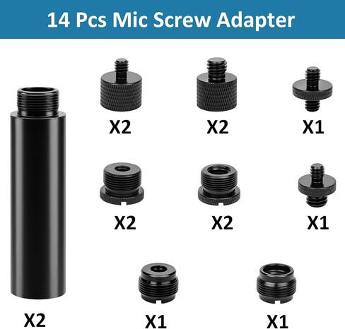 14 Pcs Mic Stand Adapter Set with 2 Extension Tubes, 1/4 to 5/8 & 3/8 to 5/8 Threaded Screw Mount for Microphone Boom Arm, Camera Tripod, Shock Mount(Black) in Kuwait