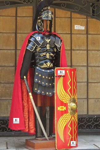 NauticalMart Roman Black Muscle Armor Cuirass Set W/Shoulders, Leg Guard, Roman Helmet, Chainmail, Roman Shield in Kuwait