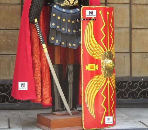 NauticalMart Roman Black Muscle Armor Cuirass Set W/Shoulders, Leg Guard, Roman Helmet, Chainmail, Roman Shield in Kuwait