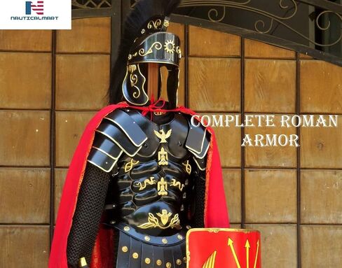 NauticalMart Roman Black Muscle Armor Cuirass Set W/Shoulders, Leg Guard, Roman Helmet, Chainmail, Roman Shield in Kuwait