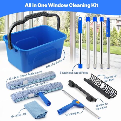 Professional Window Cleaning Kit with Bucket 3 Gallon, 76" Long Handle Window Squeegee and Microfiber Scrubber, High Windows Washing Equipment, Window Cleaner Tool for Commercial, Home, Outdoor, Car in Kuwait