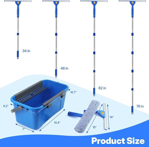Professional Window Cleaning Kit with Bucket 3 Gallon, 76" Long Handle Window Squeegee and Microfiber Scrubber, High Windows Washing Equipment, Window Cleaner Tool for Commercial, Home, Outdoor, Car in Kuwait