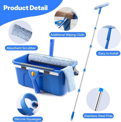 Professional Window Cleaning Kit with Bucket 3 Gallon, 76" Long Handle Window Squeegee and Microfiber Scrubber, High Windows Washing Equipment, Window Cleaner Tool for Commercial, Home, Outdoor, Car in Kuwait
