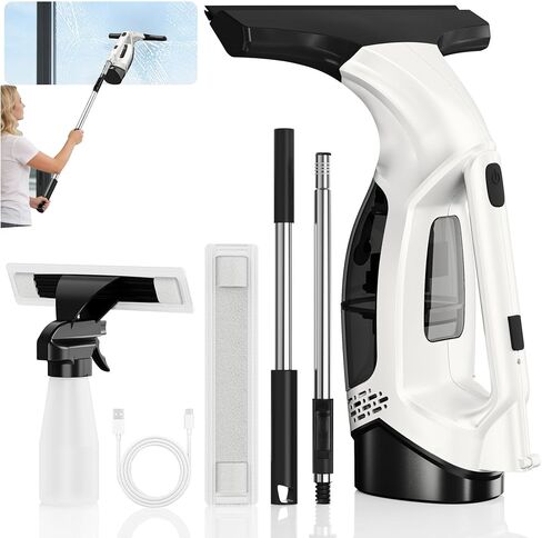 Window Vacuum Squeegee with Extendable Pole 31-40", 2000Pa Electric Window Cleaning Tool with 2200mAh and 150ml Dirty Water Tank, Long Handle Squeegee for Shower Glass, Window Cleaning in Kuwait