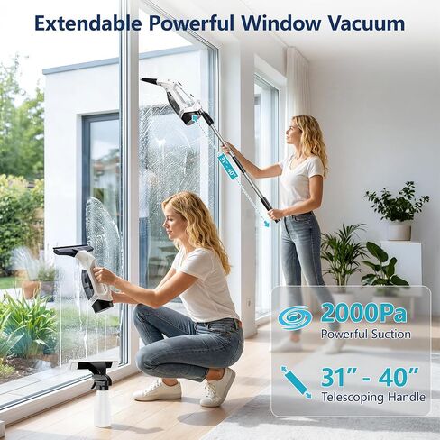 Window Vacuum Squeegee with Extendable Pole 31-40", 2000Pa Electric Window Cleaning Tool with 2200mAh and 150ml Dirty Water Tank, Long Handle Squeegee for Shower Glass, Window Cleaning in Kuwait