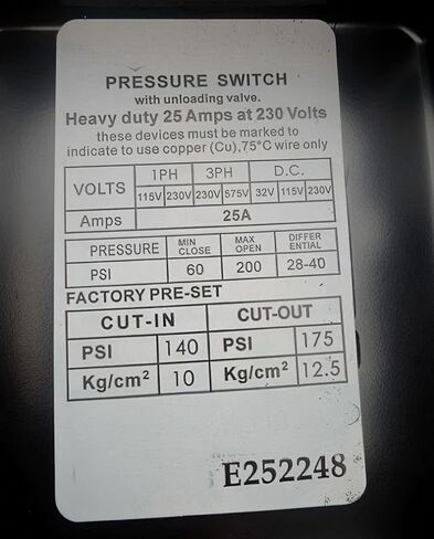 مفتاح الضغط E252248 - 25AMP 140-175 PSI 1/4 بوصة منفذ اتصال FNPT - لاستبدال أجزاء ضواغط الهواء - استبدال مفتاح ضغط الضواغط in Kuwait