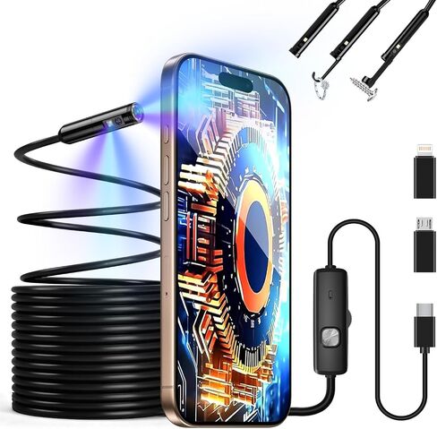 Endoscope Camera with Light, 1920P HD Borescope Pipe Inspection Camera with 8 LED Lights, Waterproof 16.4FT Semi-Rigid Snake Camera, Industrial Bore Scope for iPhone Android Phone Dual Lens in Kuwait