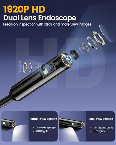 Endoscope Camera with Light, 1920P HD Borescope Pipe Inspection Camera with 8 LED Lights, Waterproof 16.4FT Semi-Rigid Snake Camera, Industrial Bore Scope for iPhone Android Phone Dual Lens in Kuwait