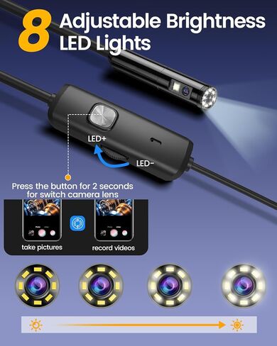 Endoscope Camera with Light, 1920P HD Borescope Pipe Inspection Camera with 8 LED Lights, Waterproof 16.4FT Semi-Rigid Snake Camera, Industrial Bore Scope for iPhone Android Phone Dual Lens in Kuwait