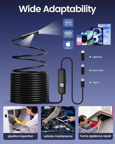 Endoscope Camera with Light, 1920P HD Borescope Pipe Inspection Camera with 8 LED Lights, Waterproof 16.4FT Semi-Rigid Snake Camera, Industrial Bore Scope for iPhone Android Phone Dual Lens in Kuwait