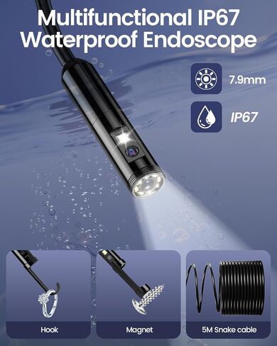 Endoscope Camera with Light, 1920P HD Borescope Pipe Inspection Camera with 8 LED Lights, Waterproof 16.4FT Semi-Rigid Snake Camera, Industrial Bore Scope for iPhone Android Phone Dual Lens in Kuwait