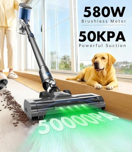 Cordless Vacuum Cleaner, 580W/50Kpa/50Mins Stick Vacuum for Home, LED Touch Screen, Anti-Tangle, Wall Mount Charging Lightweight Rechargeable Vacuum for Carpet Pet Hair Hardwood Floor Blue in Kuwait