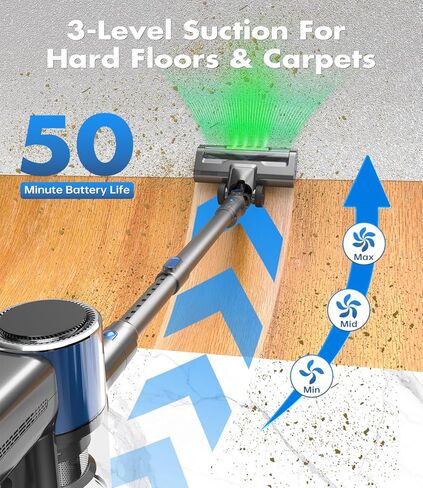 Cordless Vacuum Cleaner, 580W/50Kpa/50Mins Stick Vacuum for Home, LED Touch Screen, Anti-Tangle, Wall Mount Charging Lightweight Rechargeable Vacuum for Carpet Pet Hair Hardwood Floor Blue in Kuwait