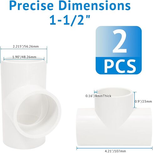 2 Pack 1-1/2 Inch PVC Tee Pipe Fittings, 1.5 Inch SCH40 3-Way Slip Socket Connectors for Water Supplies, irrigation system and PVC Furniture Shelf in Kuwait