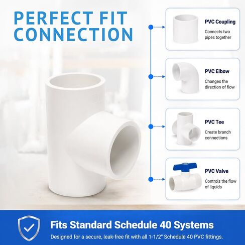 2 Pack 1-1/2 Inch PVC Tee Pipe Fittings, 1.5 Inch SCH40 3-Way Slip Socket Connectors for Water Supplies, irrigation system and PVC Furniture Shelf in Kuwait