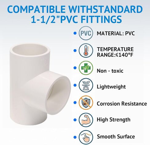 2 Pack 1-1/2 Inch PVC Tee Pipe Fittings, 1.5 Inch SCH40 3-Way Slip Socket Connectors for Water Supplies, irrigation system and PVC Furniture Shelf in Kuwait