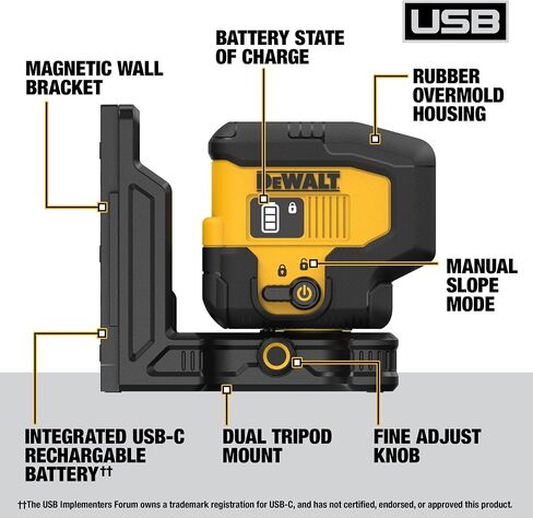 مجموعة أدوات ضبط مستوى الليزر ذات 3 نقاط من DEWALT Green، مستوى ليزر أخضر قابل لإعادة الشحن عبر USB، كابل USB، قاعدة تثبيت وحقيبة تخزين متضمنة، وقت تشغيل طويل (DCLE16031GB) in Kuwait