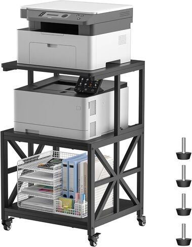 GreenForest Printer Stand with 3 Tier Storage Shelf, 19.7" x 17.7" Sturdy Printer Table for Home Office, Mobile Cart on Wheels Heavy Duty Organizer for Fax Scanner, Walnut in Saudi Arabia