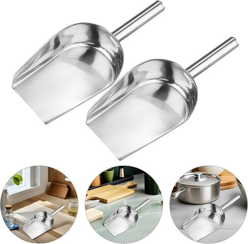 SEWACC 2 Pcs Stainless Steel Ice Cube Shovel Flat Bottom Food Scoop for Coffee Beans Flour Beans Candy Nuts Kitchen Bar Restaurant Storage and Transport in Kuwait