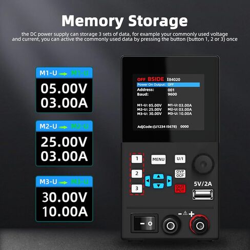 BSIDE 40V 20A DC مزود طاقة متغير، قابل للبرمجة مع مقبض التشفير، تبديل قابل للتعديل، مزود طاقة مقعد منظم، شاشة LED مكونة من 4 أرقام مع تخزين الذاكرة، منافذ USB 5V/2A وزر الإخراج in Kuwait