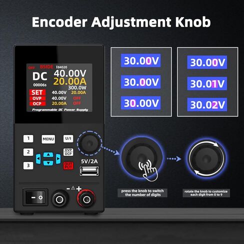 BSIDE 40V 20A DC مزود طاقة متغير، قابل للبرمجة مع مقبض التشفير، تبديل قابل للتعديل، مزود طاقة مقعد منظم، شاشة LED مكونة من 4 أرقام مع تخزين الذاكرة، منافذ USB 5V/2A وزر الإخراج in Kuwait