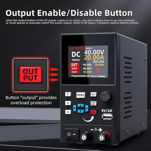 BSIDE 40V 20A DC مزود طاقة متغير، قابل للبرمجة مع مقبض التشفير، تبديل قابل للتعديل، مزود طاقة مقعد منظم، شاشة LED مكونة من 4 أرقام مع تخزين الذاكرة، منافذ USB 5V/2A وزر الإخراج in Kuwait