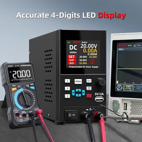 BSIDE 40V 20A DC مزود طاقة متغير، قابل للبرمجة مع مقبض التشفير، تبديل قابل للتعديل، مزود طاقة مقعد منظم، شاشة LED مكونة من 4 أرقام مع تخزين الذاكرة، منافذ USB 5V/2A وزر الإخراج in Kuwait