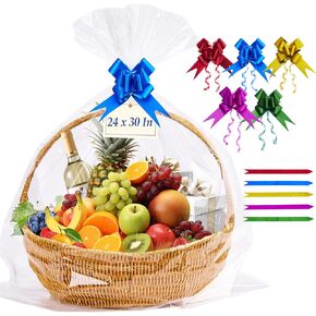 Homrelaxy 20 Pcs 24 x 30 Inches Cellophane Bags for Gift Baskets with 20 Colorful Pull Bows, Plastic Clear Basket Bags, Cellophane Wrap for Gift Baskets for Birthday, Wedding, Thanksgiving in Kuwait