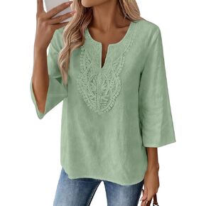 Linen Shirts for Women,2026 Summer 3/4 Sleeve V Neck Casual Loose Western Boho Lace Tops Blouse Beach Outfits in Kuwait