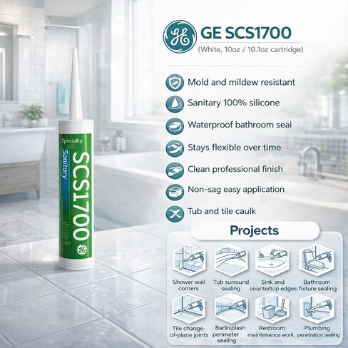 GE Silicones SCS1700 100% سيليكون مانع التسرب، أبيض، خرطوشة 10.1 أونصة سائلة، 12 عبوة، سدادة مرنة مقاومة للماء لختم المطبخ والحمام، والاستحمام، والأحواض، والبلاط، والأحواض وختم التركيبات in Kuwait
