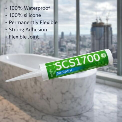 GE Silicones SCS1700 100% سيليكون مانع التسرب، أبيض، خرطوشة 10.1 أونصة سائلة، 12 عبوة، سدادة مرنة مقاومة للماء لختم المطبخ والحمام، والاستحمام، والأحواض، والبلاط، والأحواض وختم التركيبات in Kuwait
