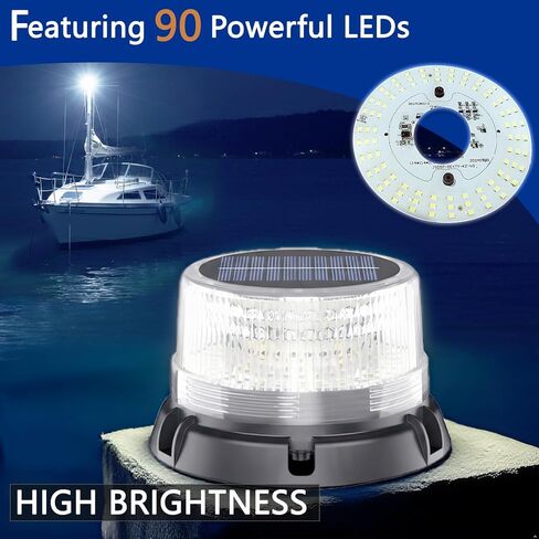 ضوء LED بالطاقة الشمسية للقوارب، 90 مصباح LED فائق السطوع على سطح السفينة البحرية، أضواء صارمة، IP67 مقاوم للماء، حامل مغناطيسي/شفط/برغي، شحن بالطاقة الشمسية وUSB للبحرية، قوارب الكاياك، الرصيف، الطوارئ، سلامة الطريق in Kuwait