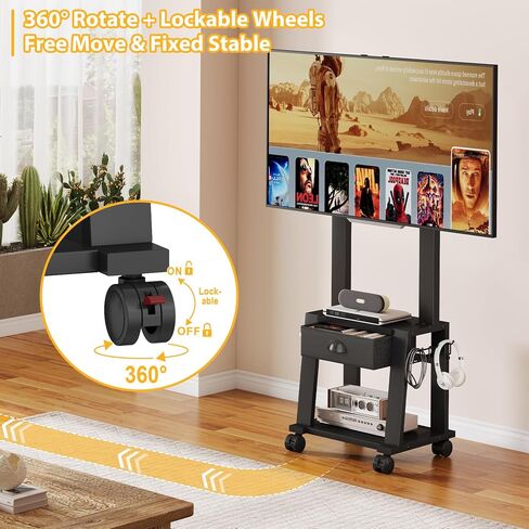حامل حامل تلفزيون متنقل من JKsmart مع 4 أدراج، لشاشات مسطحة/منحنية مقاس 23-55 بوصة، حامل تلفزيون أرضي محمول على عجلات، يحمل ما يصل إلى 80 رطلاً مع رف، لغرفة المعيشة وغرفة النوم in Kuwait
