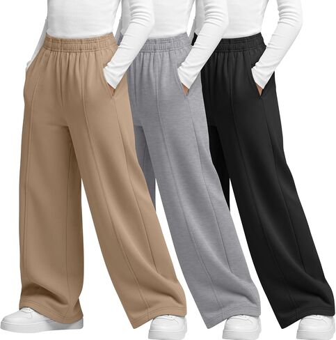 3 Pack Girls Wide Leg Sweatpants Casual Loose Elastic High Waist Pants Open Bottom Trousers with Pockets 5-14 Years in Kuwait