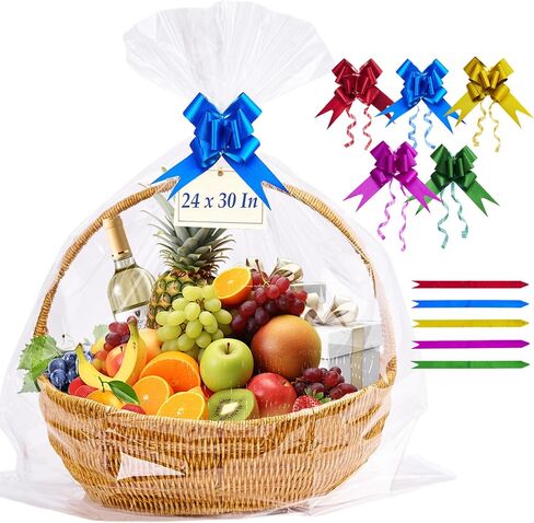 homrelaxy 20 pcs 24 × 30 بوصة أكياس السيلوفان لسلال الهدايا مع 20 أقواس سحب ملونة ، وأكياس سلة بلاستيكية واضحة ، ولف السيلوفان لسلال الهدايا لعيد الميلاد ، والزفاف ، الشكر in Kuwait