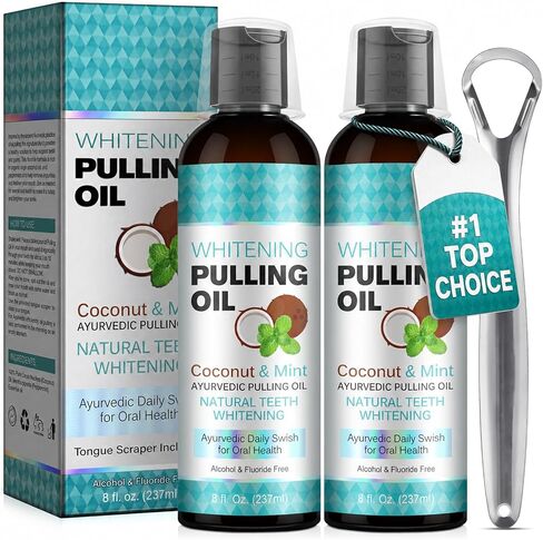 2 Packs Coconut Oil Pulling Mouthwash – Ayurvedic Oral Rinse for Healthy Gums & Fresh Breath, Natural Teeth Whitening, Alcohol & Fluoride Free Deep Cleaning Mint Formula with Tongue Scraper, 16 fl oz in Kuwait