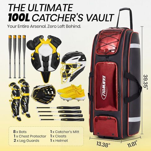 Fanwoli 100L Waterproof Rolling Catchers Gear Bag for Baseball Softball, Icon Shield Edition, Fits Full Set & 8 Bats, All-Terrain Wheels, Stand-Up Base, Vented Shoe Zone, Reflective Strip, Fence Hooks in Saudi Arabia